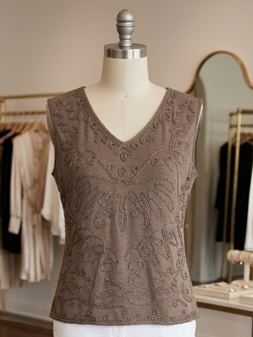 Lauren Michelle Taupe Beaded V-Neck Tank
